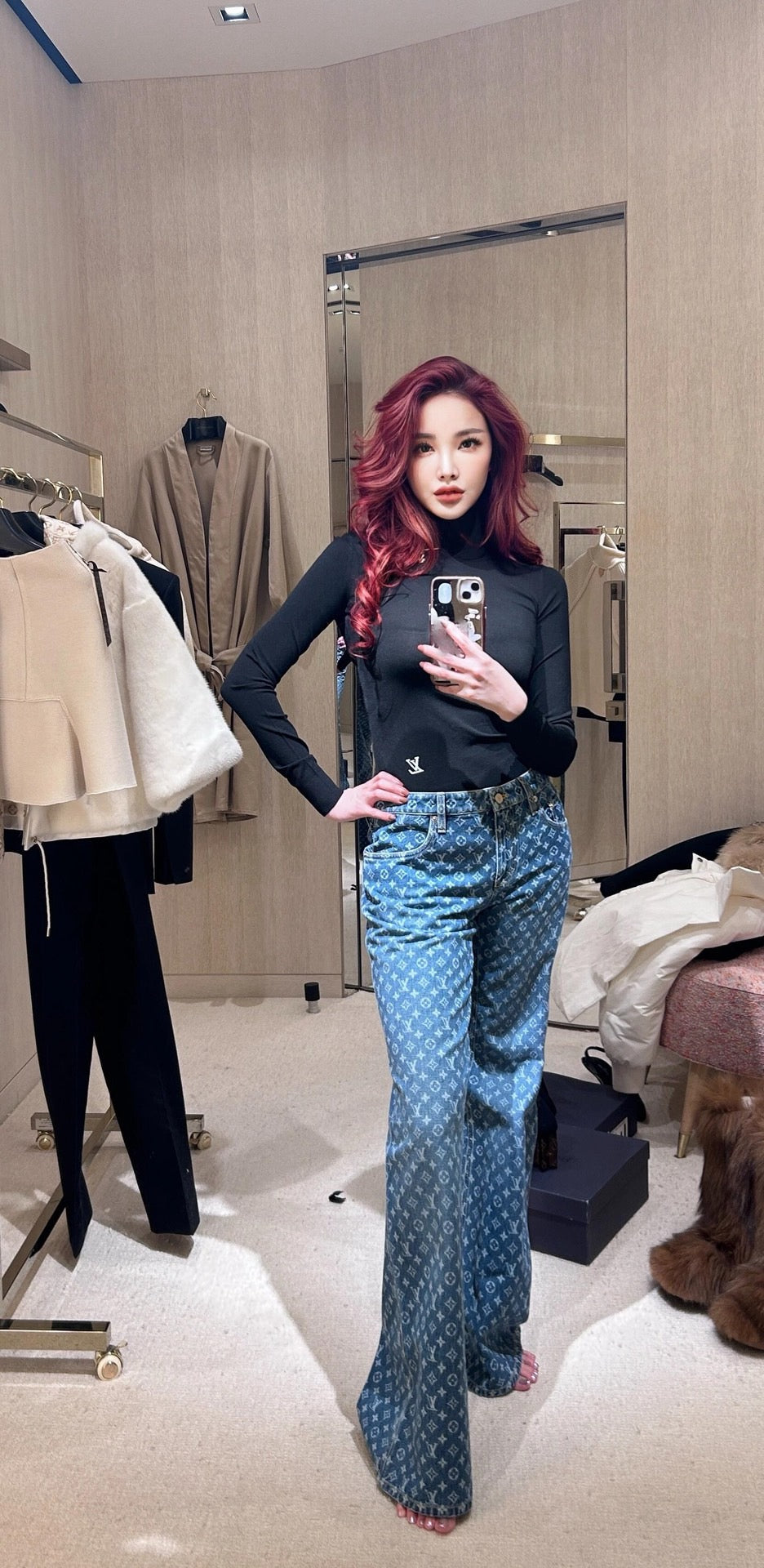 2026 Women's LY Logo All-Over Print Flared Jeans (EE418)