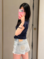 2026 Women’s Way Embroidered Leather Denim Shorts (EE422)