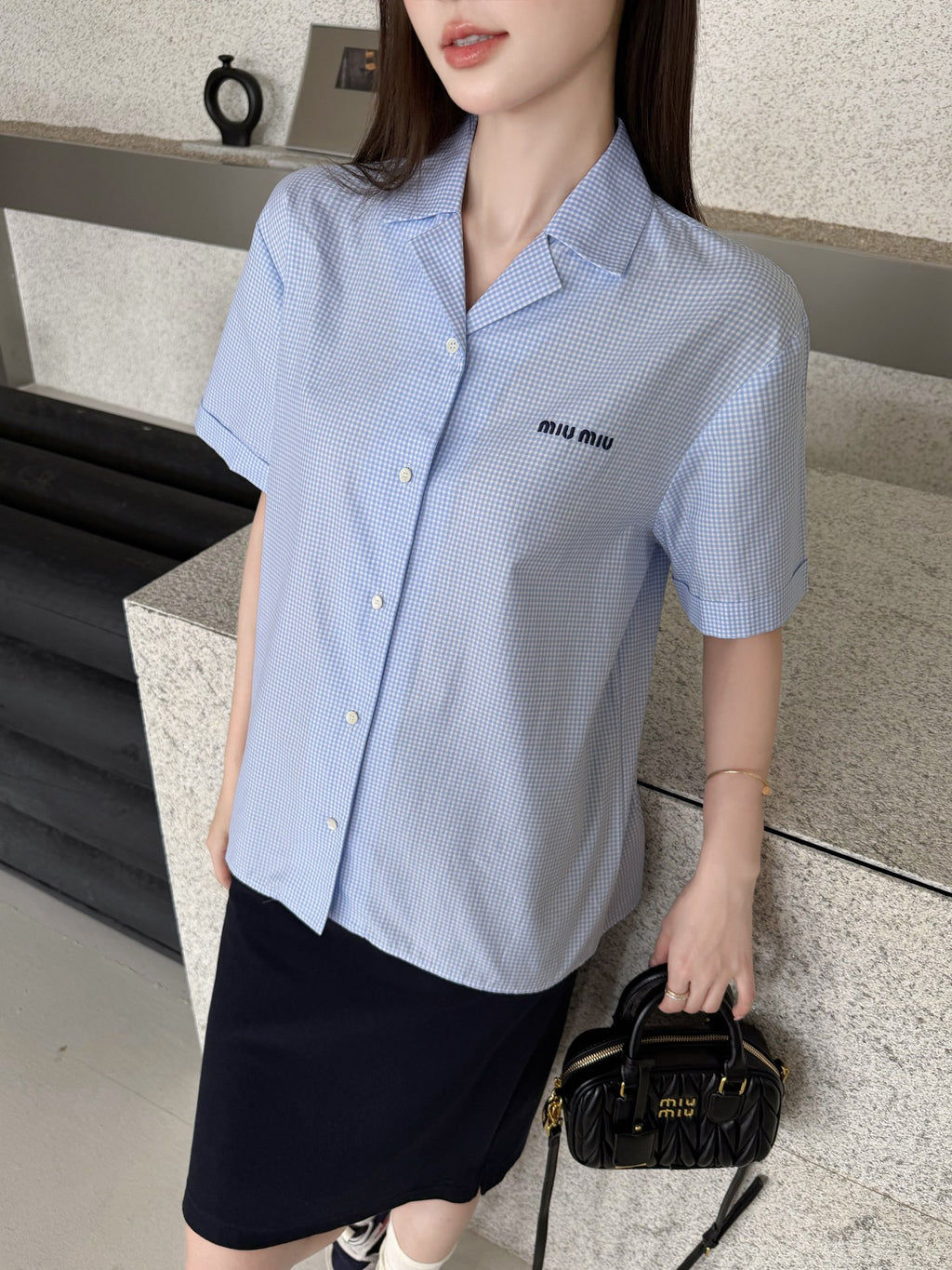 2026 Women's MM Logo Embroidered Checkered Shirt (FF773)