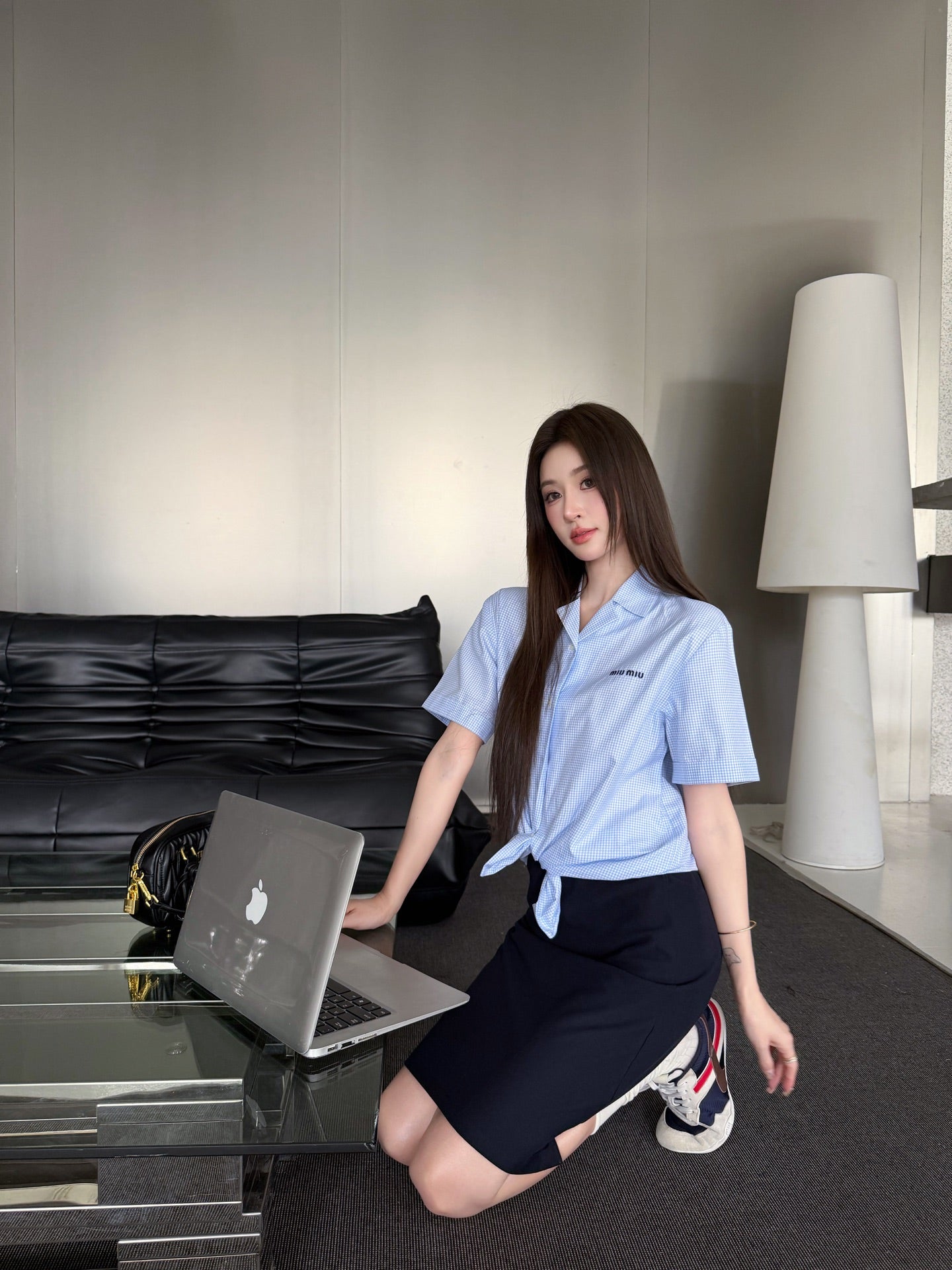 2026 Women's MM Logo Embroidered Checkered Shirt (FF773)