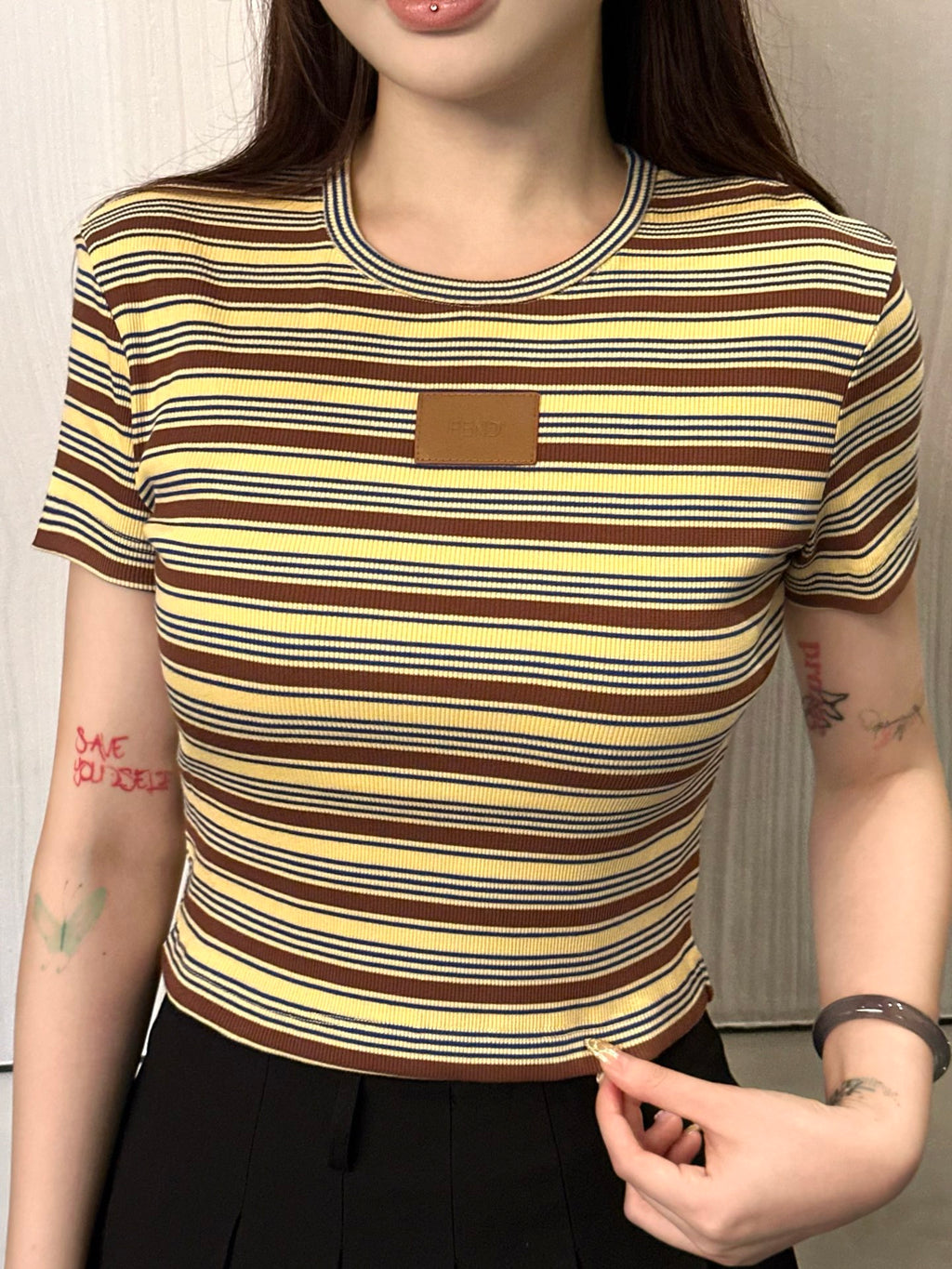 2026 Women's FF Leather Striped Short Sleeve (EE423)