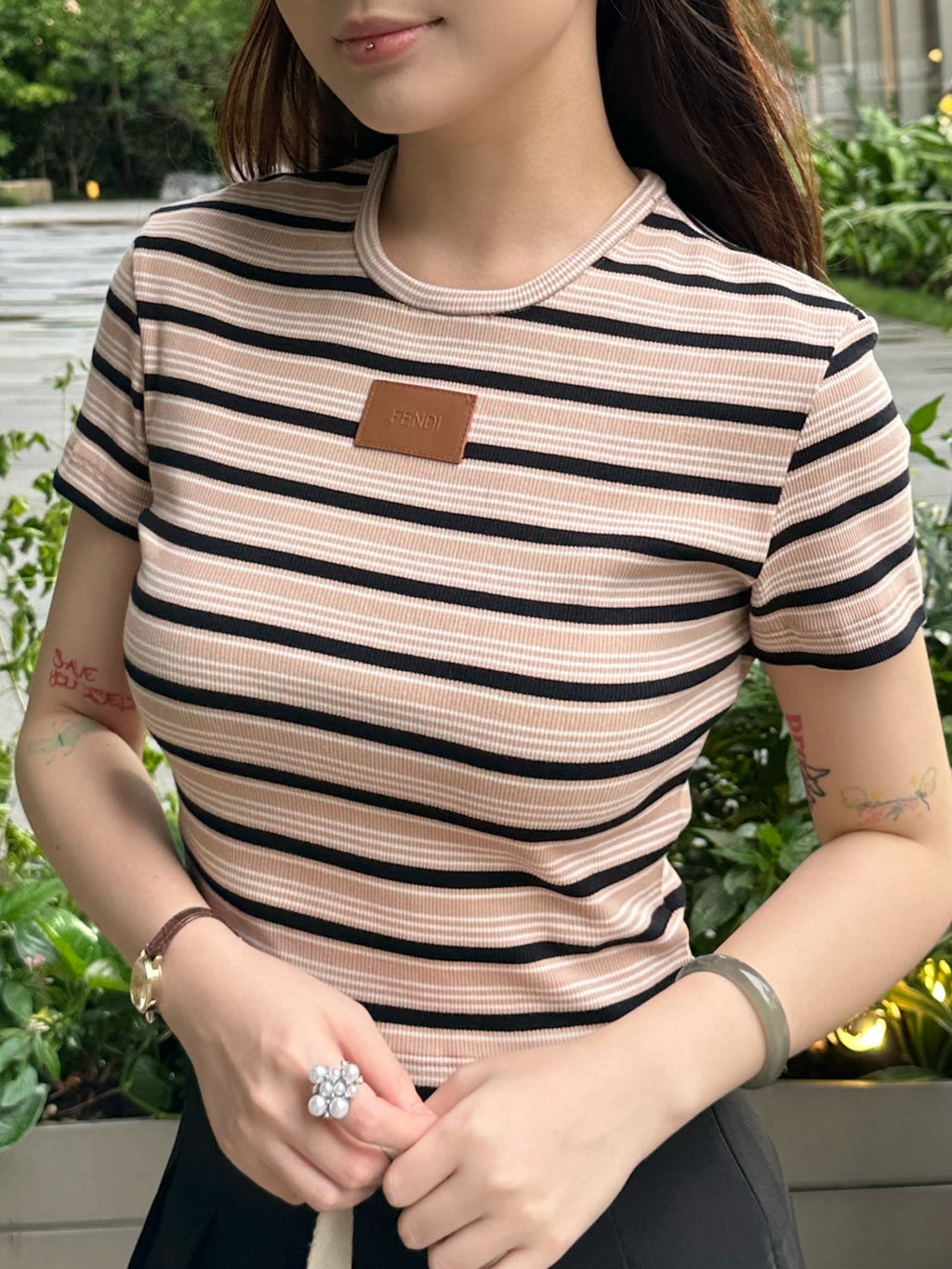 2026 Women's FF Leather Striped Short Sleeve (EE423)
