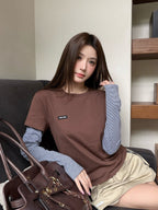 2026 Women's MM Logo Striped Fake Two-Piece Long-Sleeved (FF798)