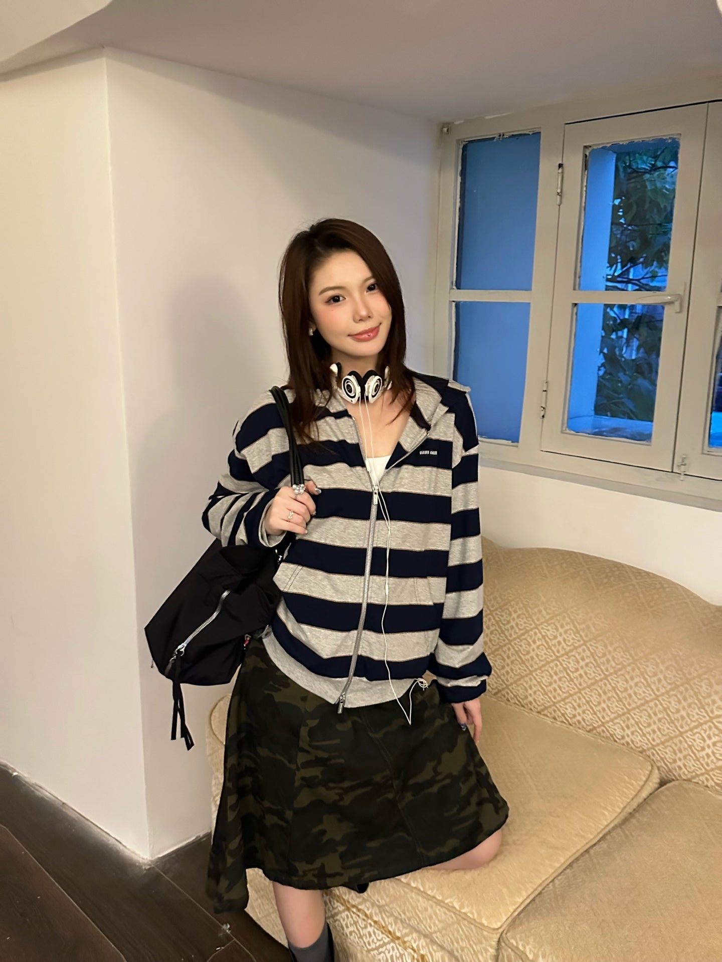 2026 Women's MM Logo Striped Hooded Coat (DD155)