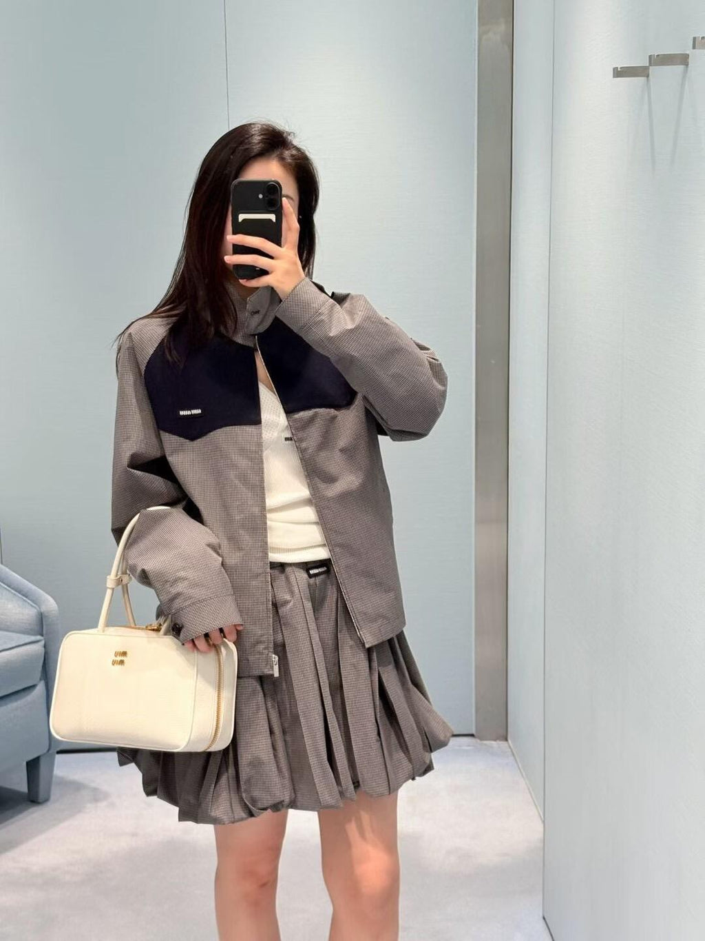 2026 Women's MM Logo Check Pattern Zip-Up Coat (FF797)