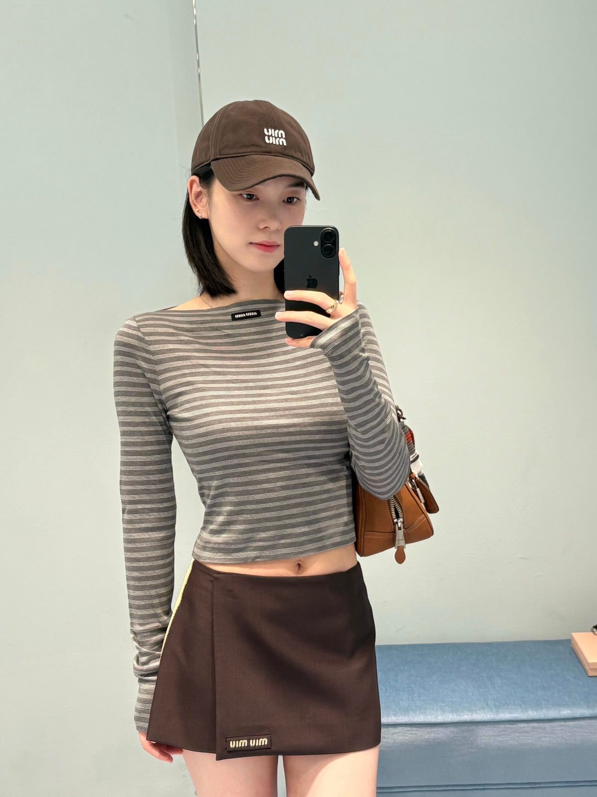 2026 Women's MM Logo Striped Boat-neck Long-Sleeved Shirt (FF827)