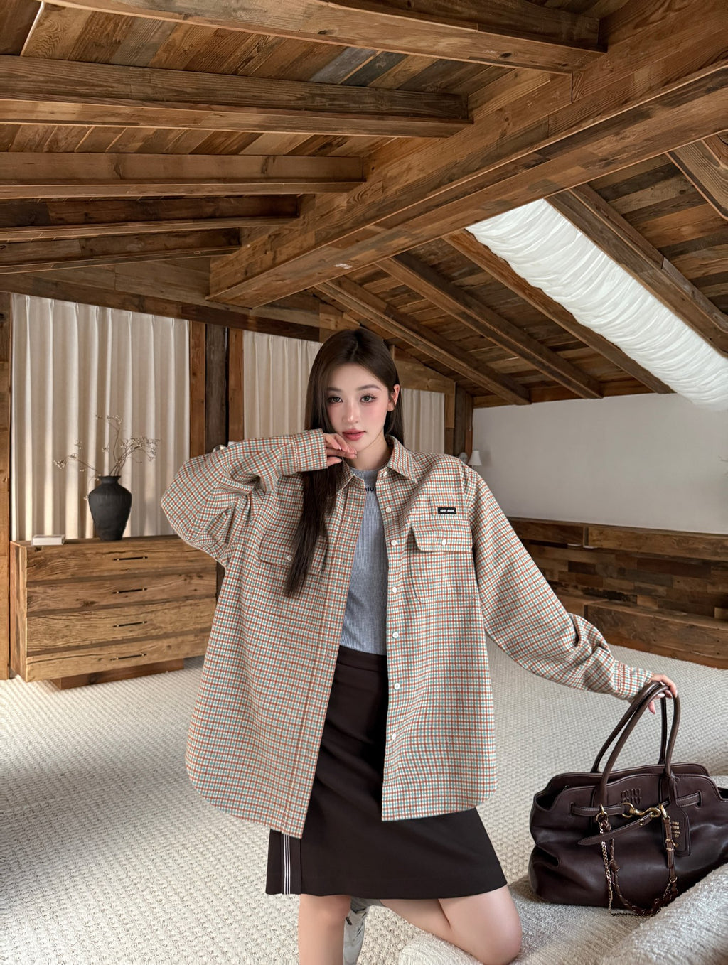 2026 Women's MM Logo Check Shirt Jacket (FF842)