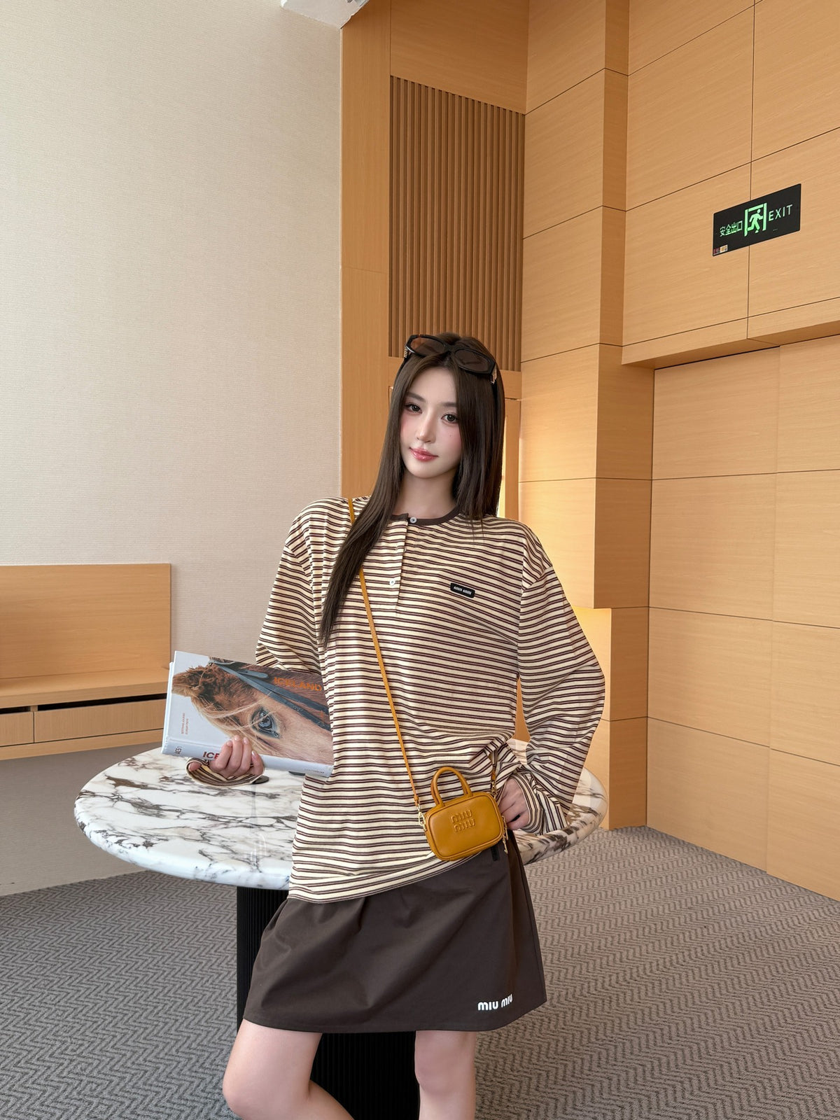 2026 Women's MM Logo Striped Henry Collar Long Sleeve (FF845)