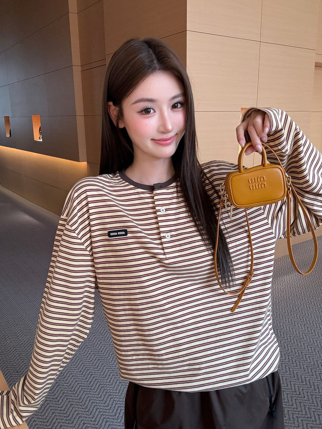 2026 Women's MM Logo Striped Henry Collar Long Sleeve (FF845)