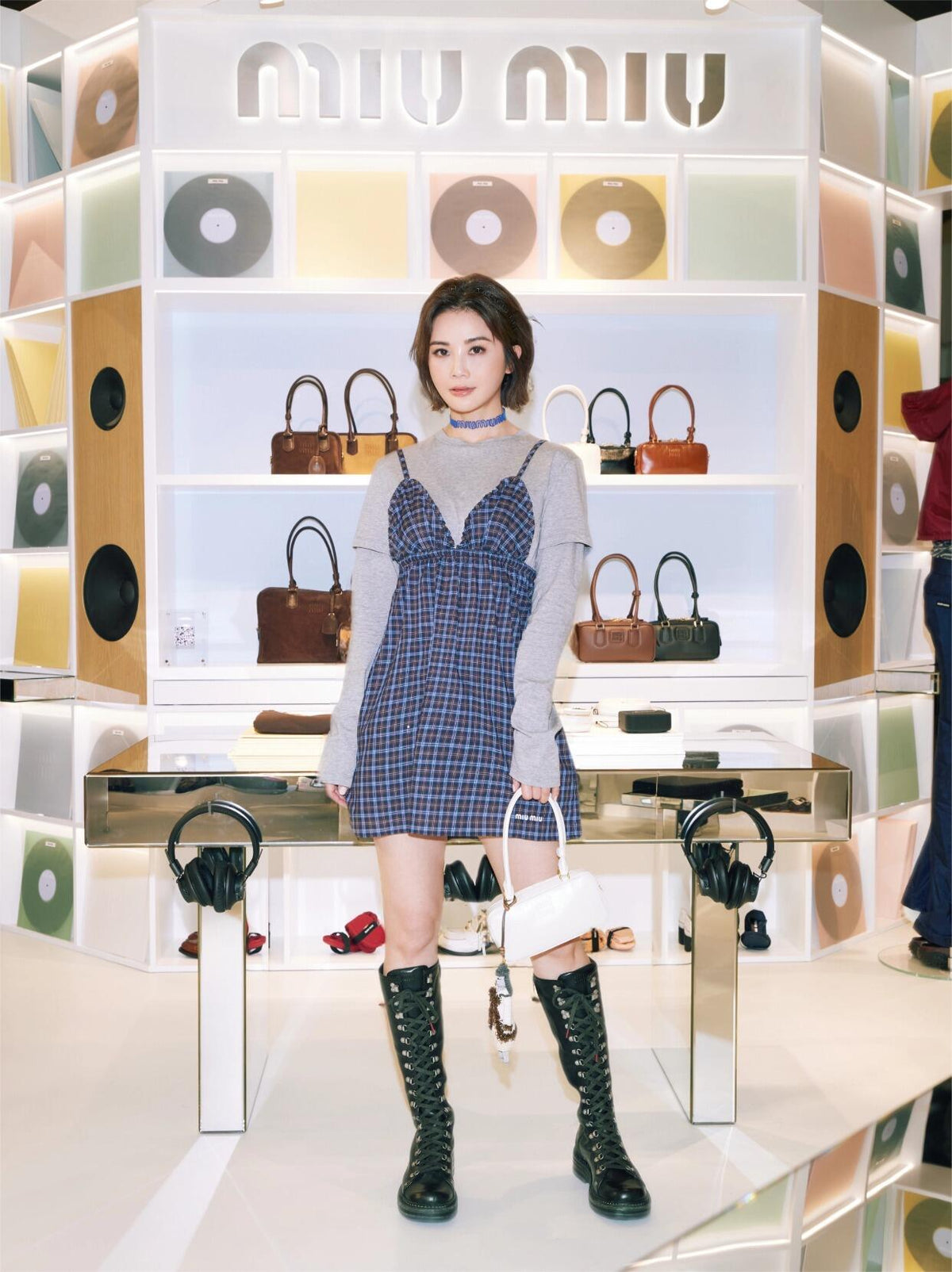 2026 Women's MM Logo Checkered Long-Sleeved Dress (FF848)