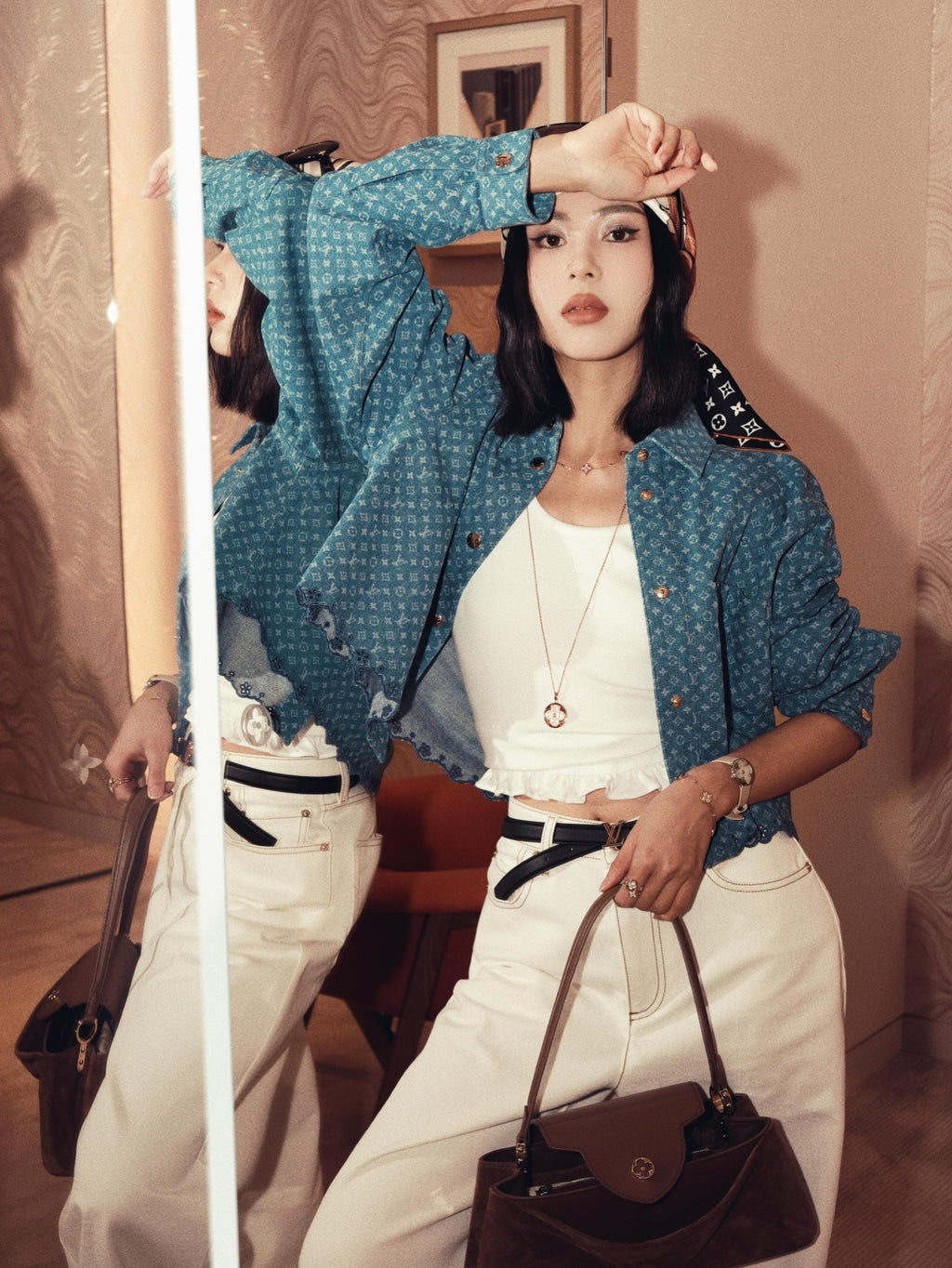 2026 Women's LY Label Full Print Denim Short Shirt (EE454)