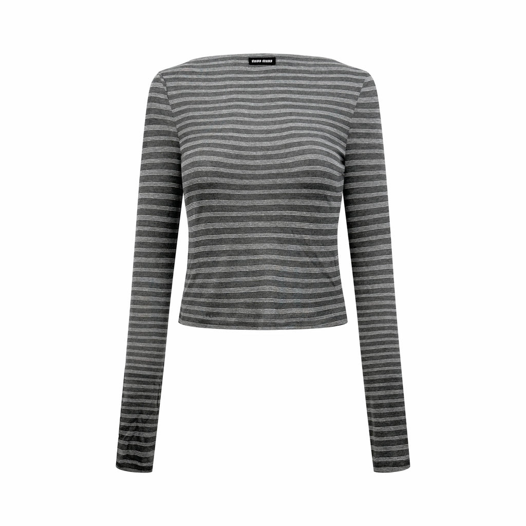 2026 Women's MM Logo Striped Boat-neck Long-Sleeved Shirt (FF827)